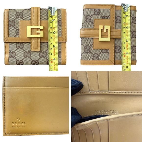Authentic Gucci Monogram Canvas And Tan Leather Compact Wallet Women Card Slots - Picture 5 of 7